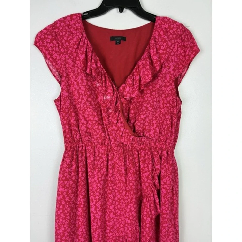 J Crew Wrap Dress Tossed Bouquet Print Sz 10 Red Pink Romantic Coquette